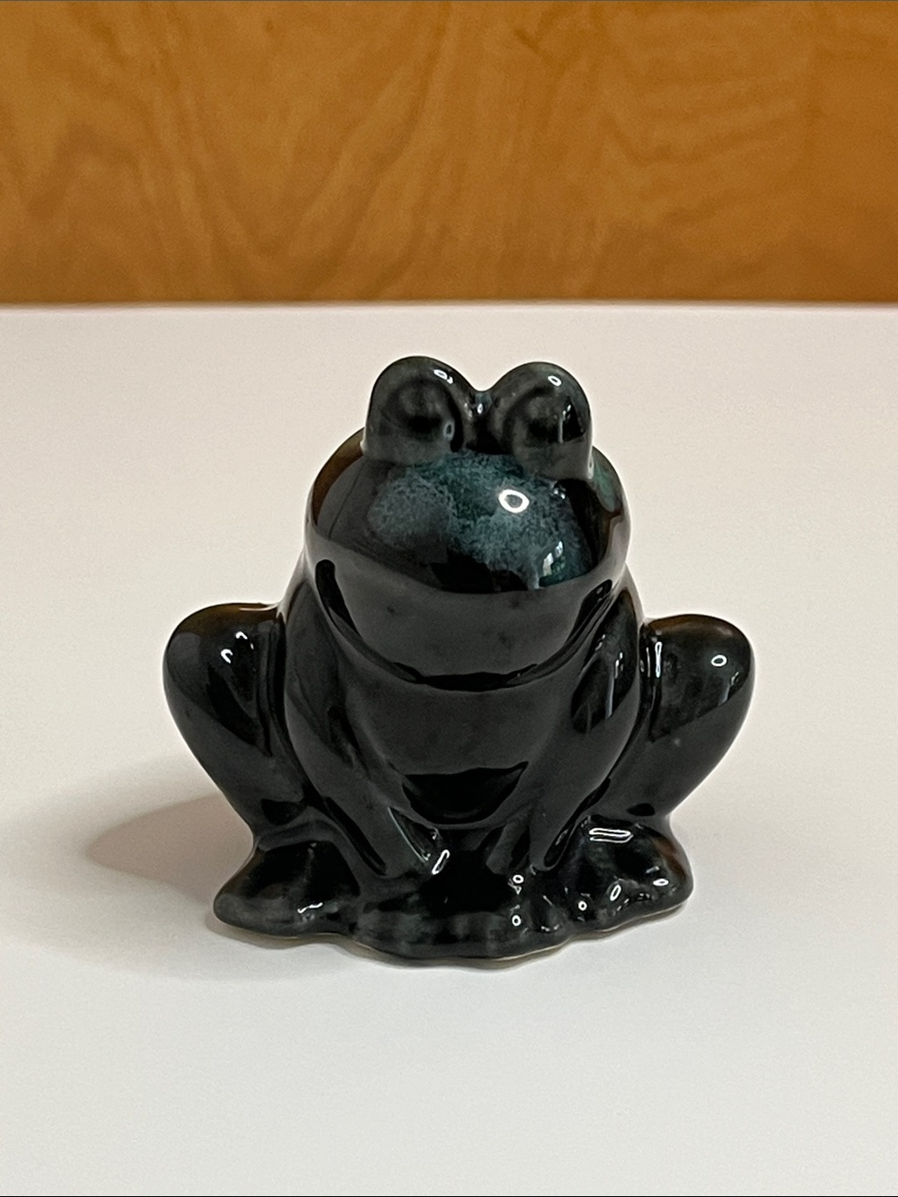 โจ$5 Add-On Vintage Ceramic Frog Figurine Black & Teal Blue Green Drip Glaze 2.5โ